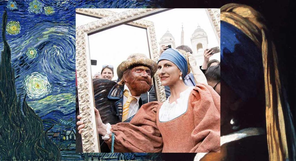 Antonacci e Pausini travestiti da Van Gogh e da Ragazza con l'orecchino di perla