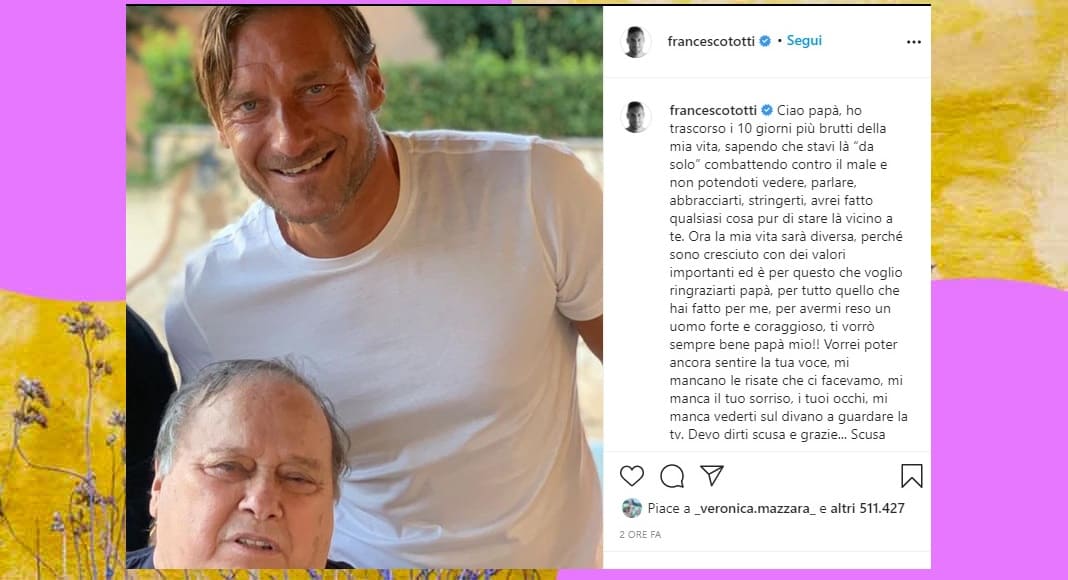 La lettera d’addio di Totti a papà Enzo: "Scusa per le parole non dette"