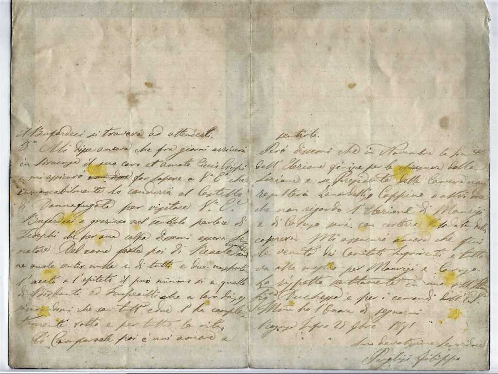 Lettera che annuncia visita F.Crispi al castello. Collezione privata.