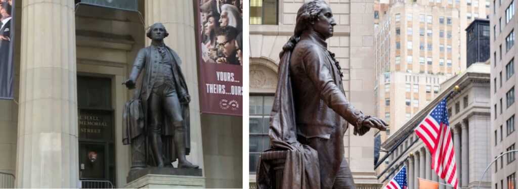 La grande scultura in bronzo di George Washington di John Quincy A. Ward, situata sui gradini delFederal Hall National Memorial, a Wall Street. La statua fu inaugurata nel 1883. Fino al 1989 era tra le statue più famose e più visitate di New York, con ‘’l’avvento del Toro’’ ha perso parecchi visitatori.