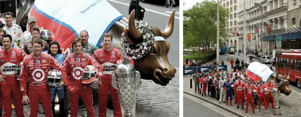 I piloti Indy 500, Scott Dixon, Dan Wheldon, Ryan Briscoe e il resto del team, posano per i media con il toro più famoso al mondo. NY, 19 maggio 2008.