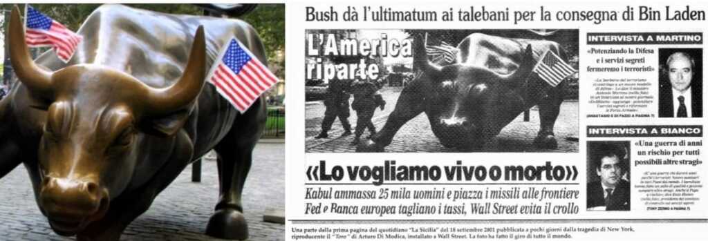 Una settimana dopo con due bandiere sulle corna,un’altra immagine simbolo di ripresa che fa il giro del mondo. NY, settembre 2001.