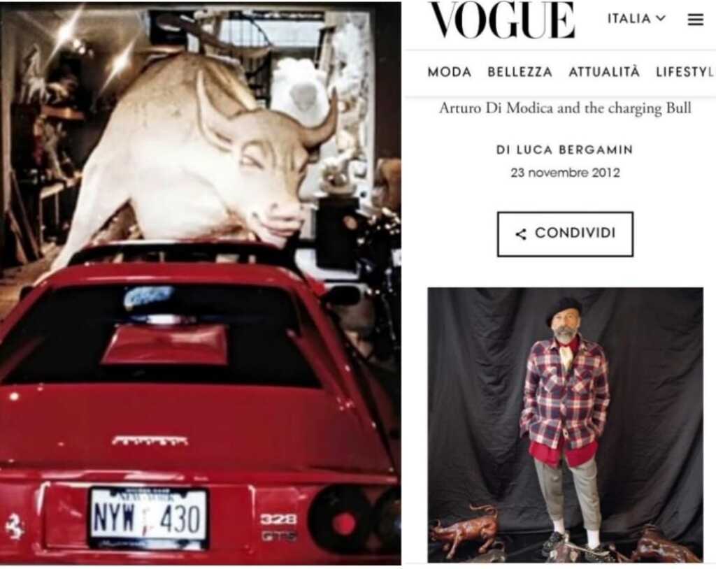 La Ferrari spesso utilizzata come mezzo di trasporto delle opere. Un articolo che la rivista Vogue gli dedica nel 2012.