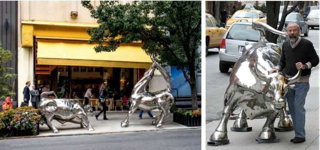 Il Toro, il Cavallo e il Pescecane davanti al Cipriani Downtown di New York.