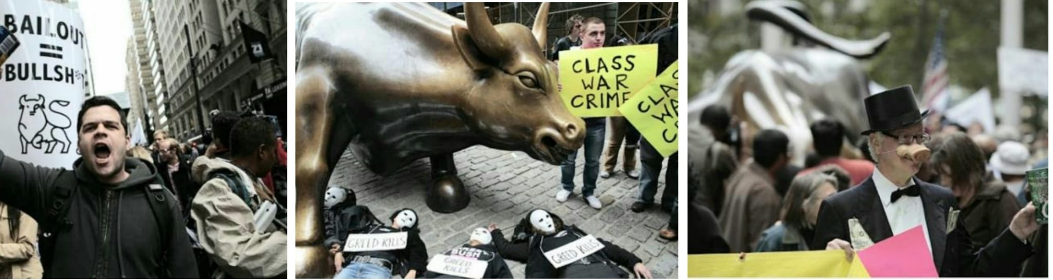 Protesta contro il salvataggio proposto da 700 miliardi di dollari di Wall Street Park nel distretto finanziario di New York il 25 settembre 2008. In risposta alla crisi finanziaria globale, i manifestanti provenienti da una varietà di gruppi di attivisti, hanno denunciato il sistema capitalista di Wall Street e l'amministrazione del presidente americano George W. Bush.