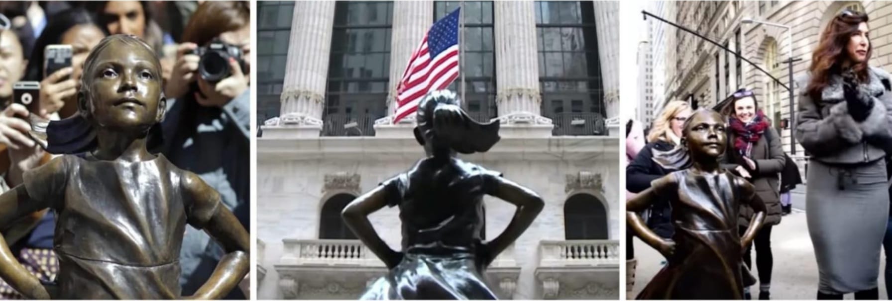 La Fearless Girl con a fianco la creatrice, Kristen Visbal. NY 2017.