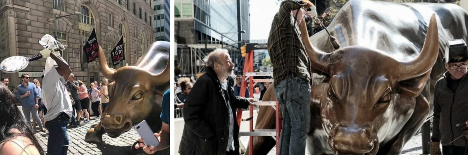 Camionista sfregia la scultura – A.D.M. con due saldatori riparano il danno. NY, 2019