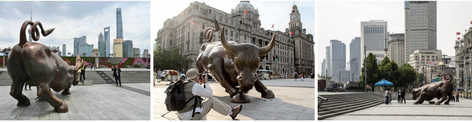 Sequenza di immagini del Bund Bull di Shianghai. 