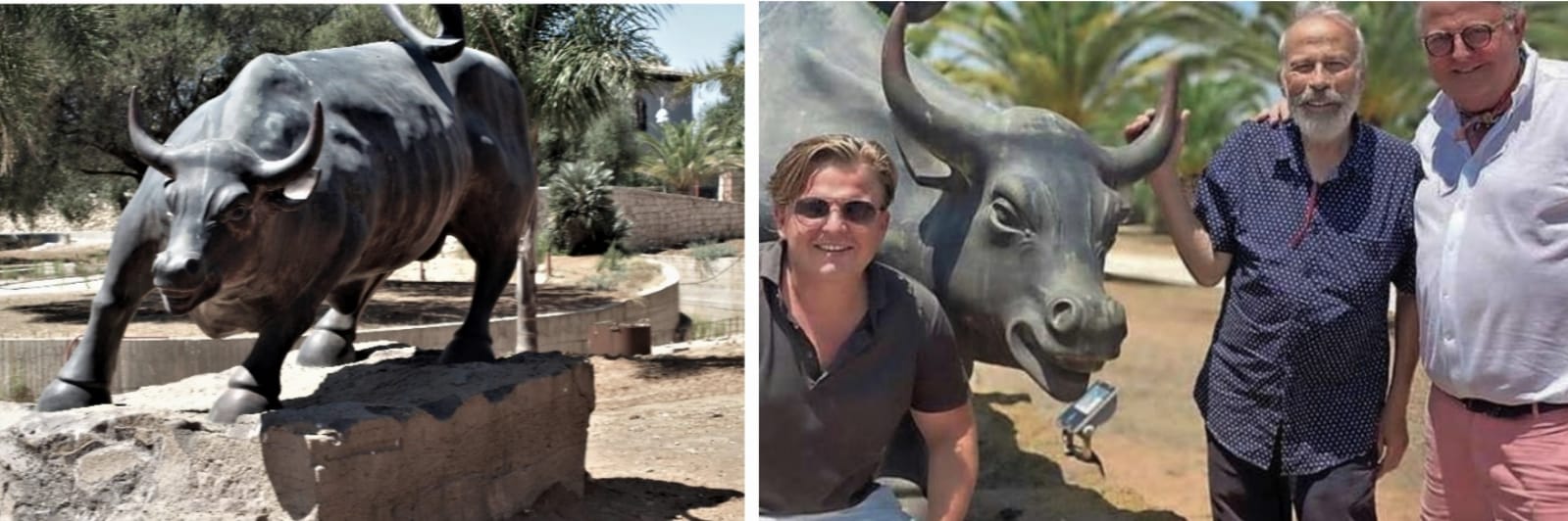 Di Modica nella sua tenuta di Vittoria con Michel Perridon, il figlio e il toro di otto piedi.