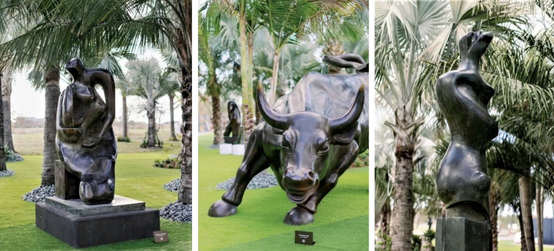 Il Churging Bull di 11 piedi tra Mather and child e Upright Motive No.9 di Henry Moore. Lake Nona, Florida. 