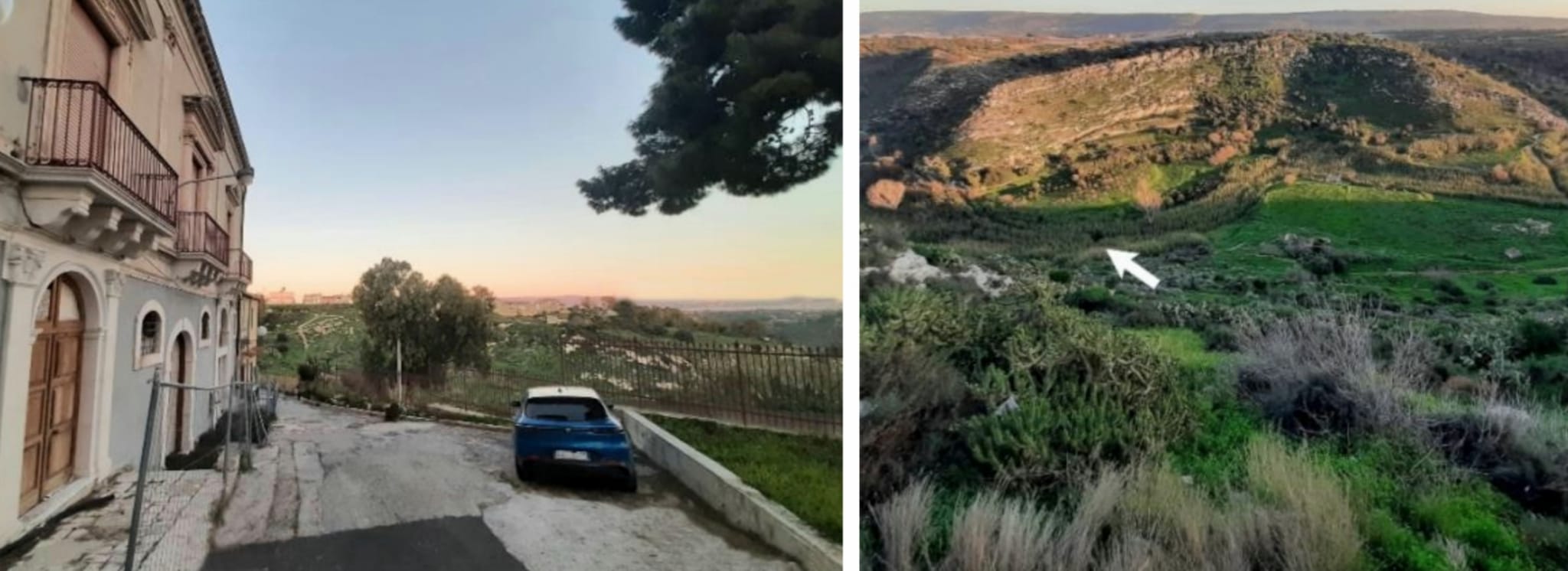 La casa museo, non ultimata, nel centro storico di Vittoria, con veduta sulla vallata. La freccia indica il fiume Ippari nei quali argini sarebbero stati collocati i due cavalli di 40 metri. 