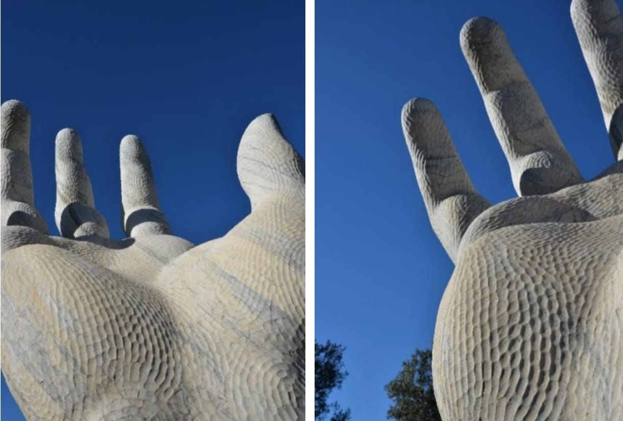  Monumentale riproduzione delle mani del maestro in marmo di Carrara. Foto di Tiziana Blanco
