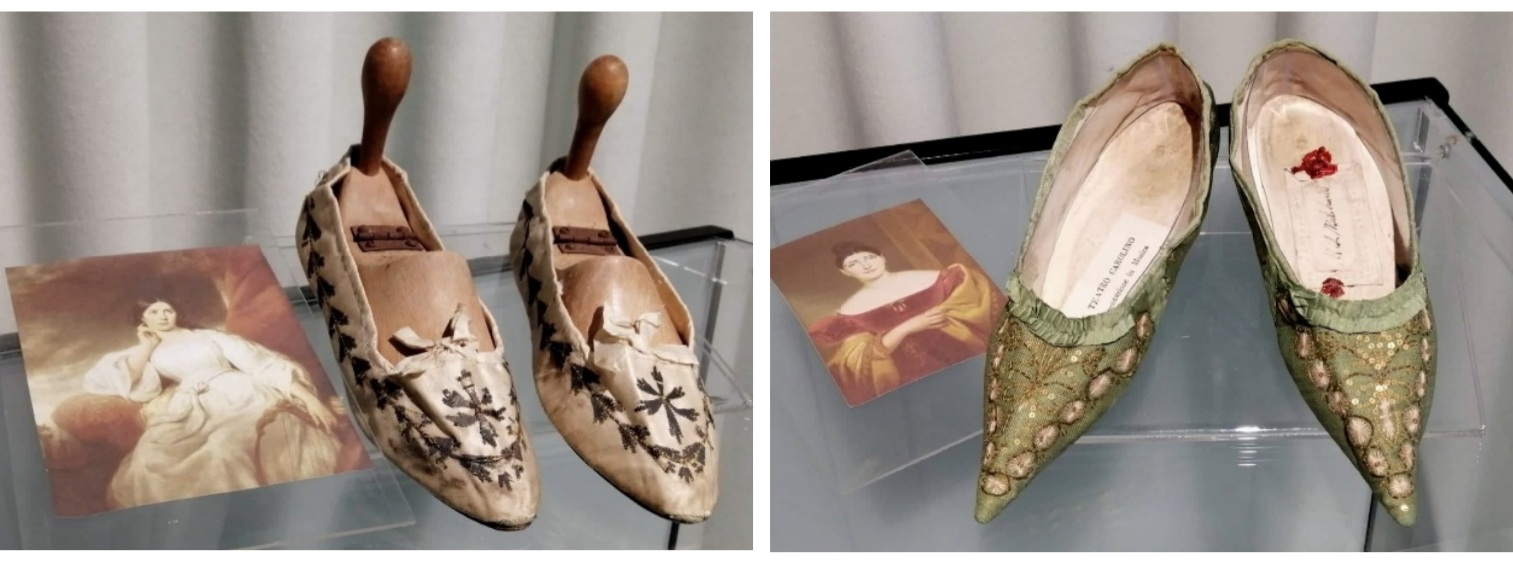 Calzature in tessuto con ricami della prima metà dell’Ottocento appartenute a Maria Malibran (in beige) e Giuditta Pasta (in verde salvia), XIX sec.