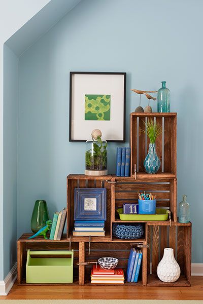 Arrange several inexpensive wood crates into a shelving unit, then give them a coat of paint or stain. Hold them snugly in place with clamps to build a custom furniture pieceâno power tools needed.