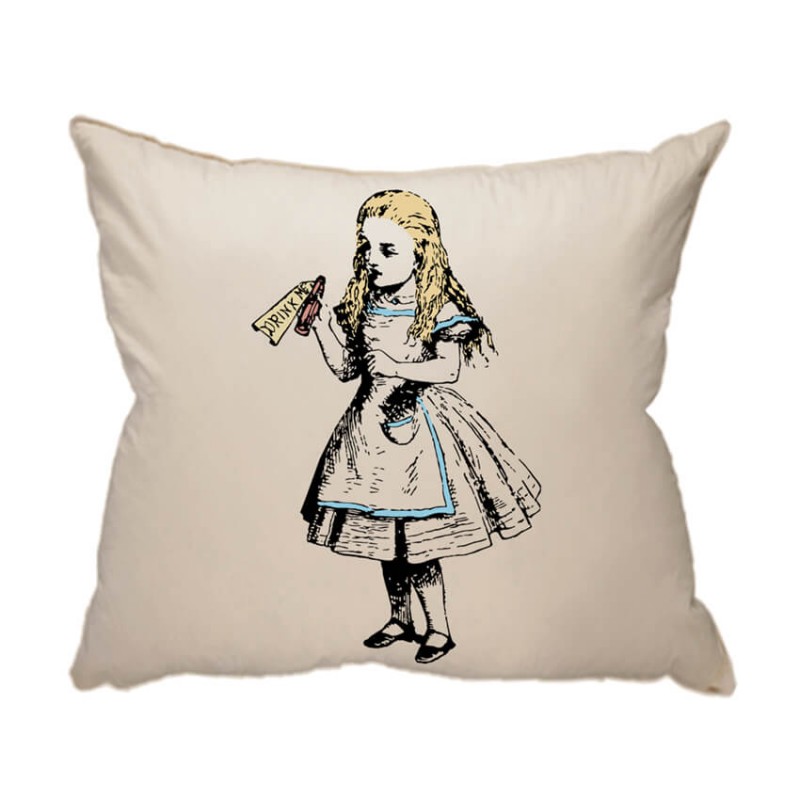 alice drink me cuscino arredo celeste john tenniel alice in wonderland