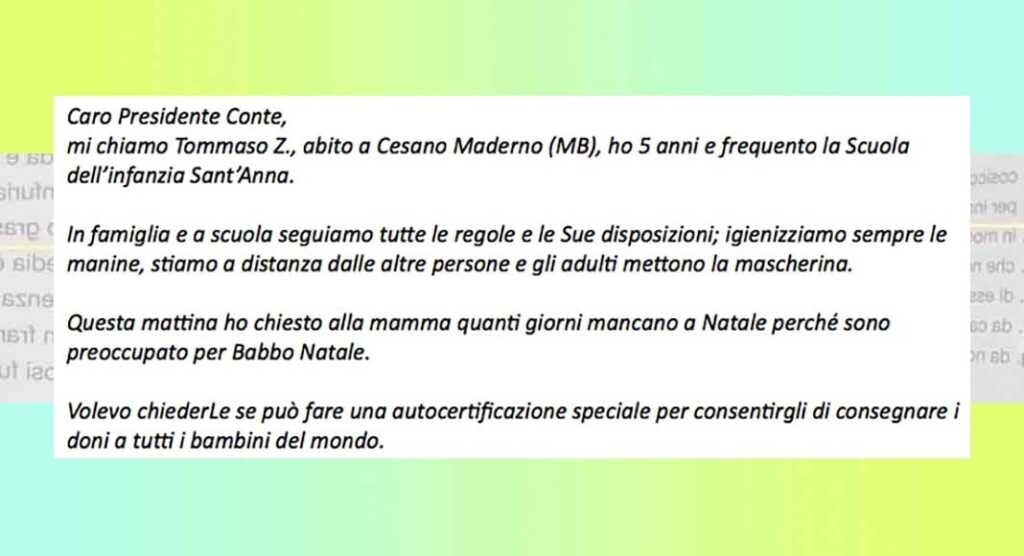 "Babbo Natale ha l'autocertificazione?", lettera di un bambino a Conte