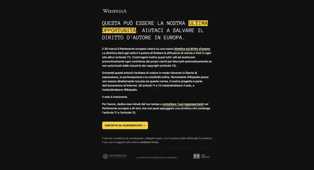 Wikipedia è oscurata per protesta contro la legge sul copyright