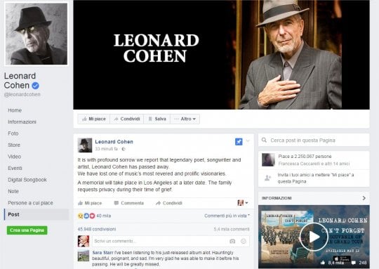 È morto Leonard Cohen, addio al maestro della poesia in musica