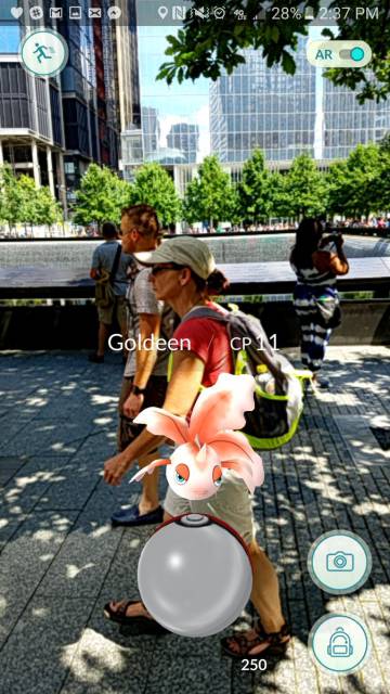 la cattura di gioco mostrando un pokemon vicino al Memoriale dei 11S a New York.