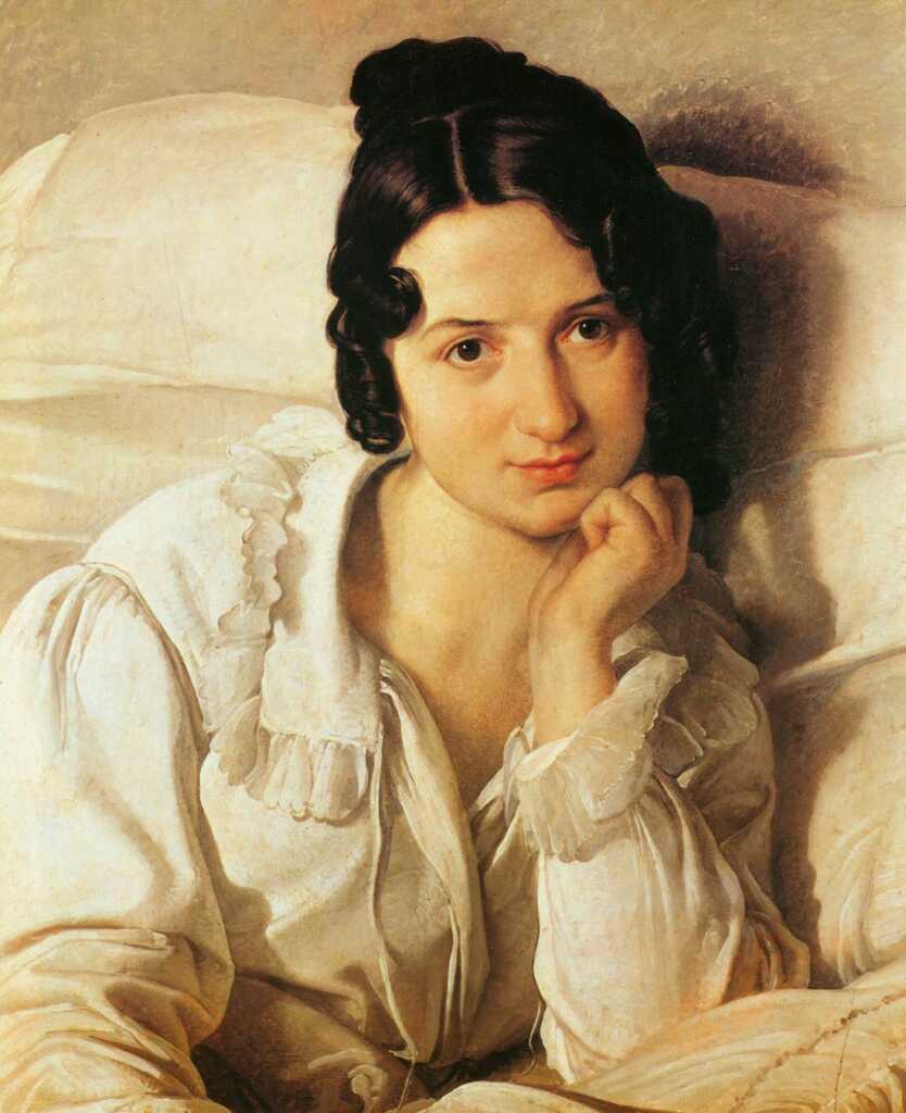 Francesco Hayez, Ritratto di Carolina Zucchi a letto o La malata,  1825, olio su tela, 60x53 cm, Torino, Museo civico. La ragazza, dopo aver provato giochi erotici con il pittore, si innamora profondamente di lui e soffre perchè Hayez è sposato ed ha altre avventure. In quel periodo, dice in sintesi Carolina, tutti mi consideravano malata, ma la mia malattia era l'amore. 