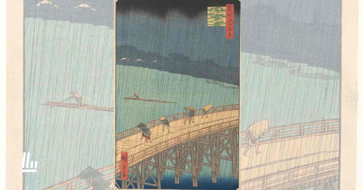 Acquazzone sul ponte Shin-Ōhashi ad Atake quando la pioggia diventa poesia