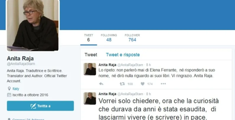 Anita Raja su Twitter, "Sono Elena Ferrante". Ma si tratta di un profilo falso