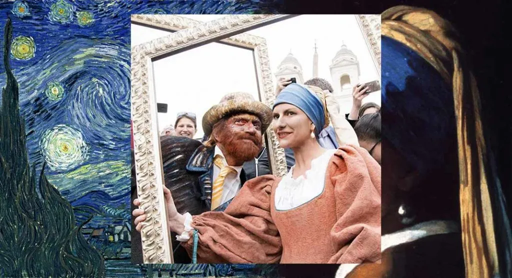 Antonacci e Pausini travestiti da Van Gogh e da Ragazza con l'orecchino di perla