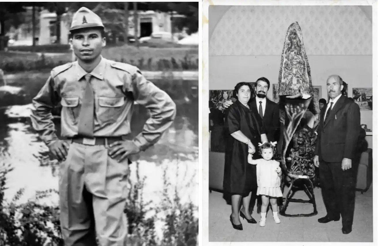 Arturo durante il servizio militare svolto a Siracusa e tra mamma Angela, papà Giuseppe e la nipotina,in centro l’opera L’albero degli Incubi. Vittoria 1964.