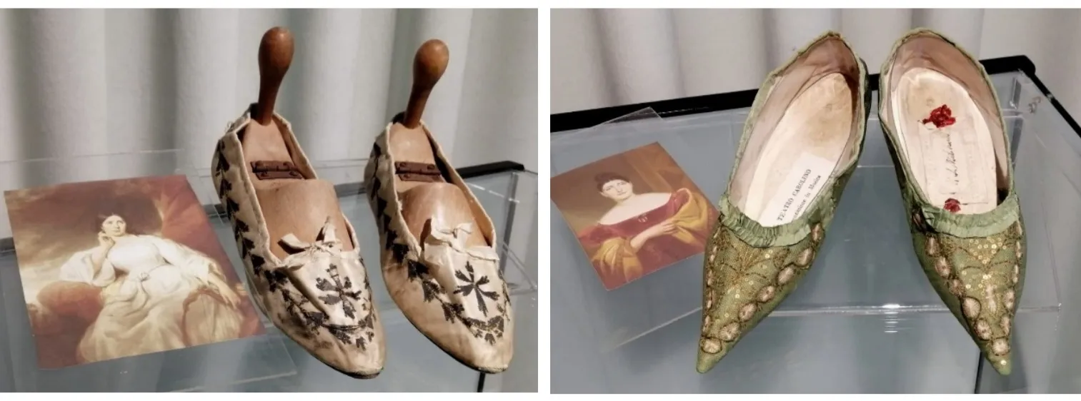 Calzature in tessuto con ricami della prima metà dell’Ottocento appartenute a Maria Malibran (in beige) e Giuditta Pasta (in verde salvia), XIX sec.