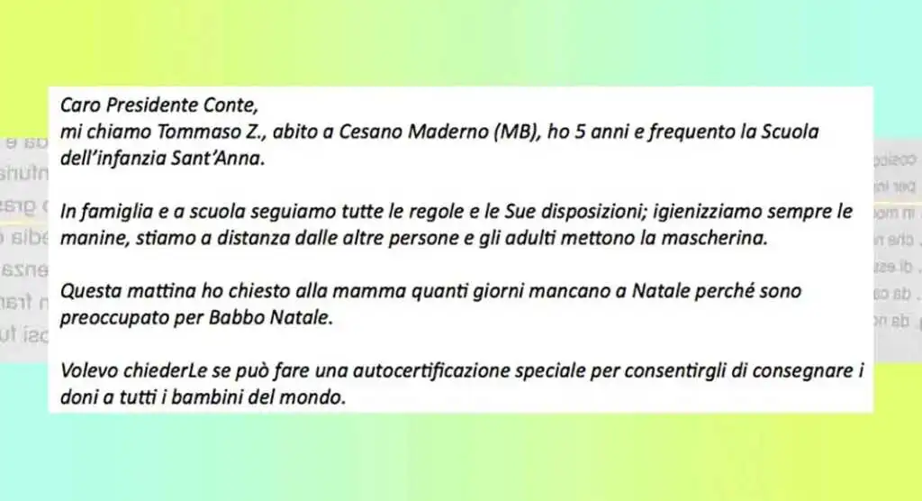 "Babbo Natale ha l'autocertificazione?", lettera di un bambino a Conte