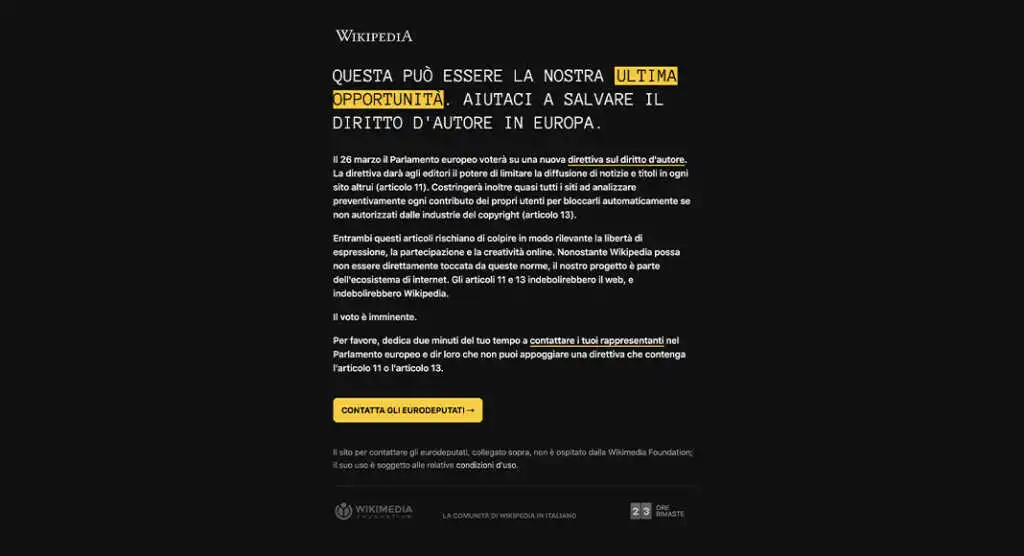 Wikipedia è oscurata per protesta contro la legge sul copyright