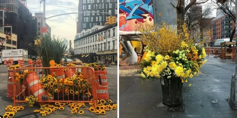Fiorista crea composizioni floreali nei cestini di New York